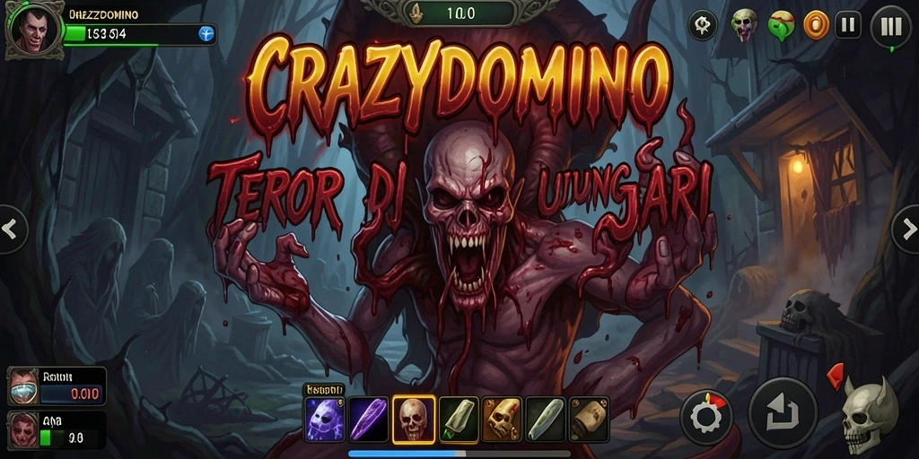 Screenshot gameplay menyeramkan dari CRAZYDOMINO dengan suasana mencekam.