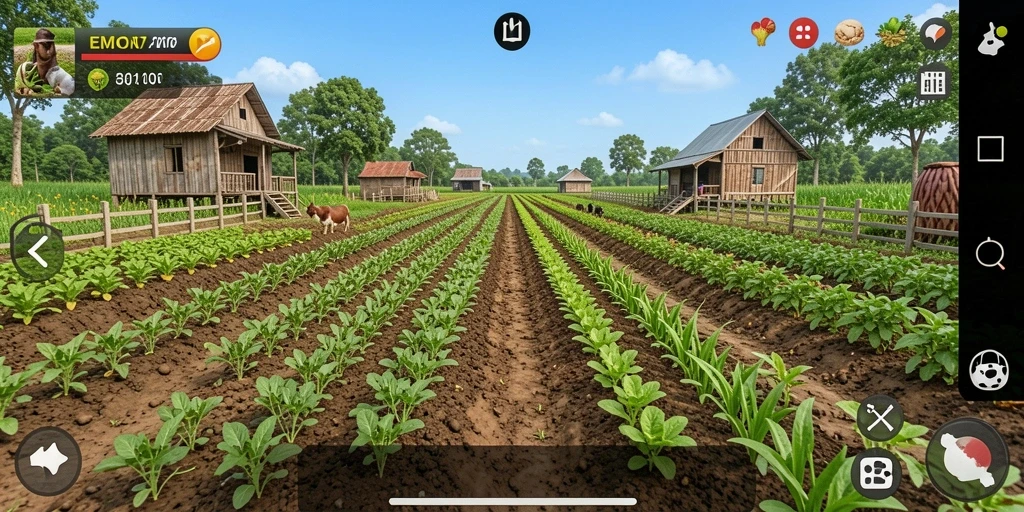 Tampilan gameplay EMON77 dengan kebun yang subur dan tanaman yang beragam.