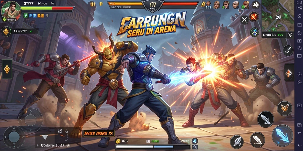 Screenshot GT777 menunjukkan pertarungan seru antara dua karakter dalam arena.