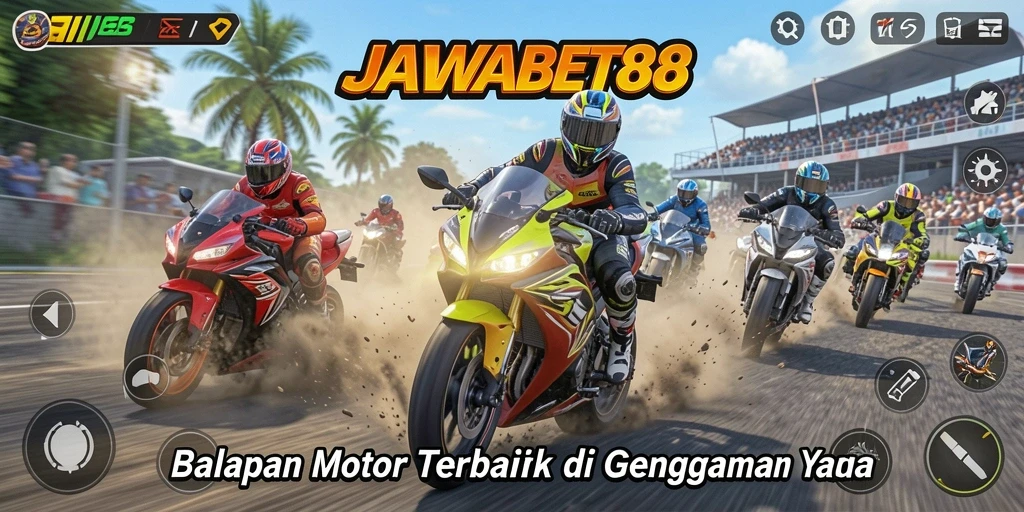 Tangkapan layar gameplay <strong>JAWABET88</strong> yang menunjukkan balapan seru di trek menantang.