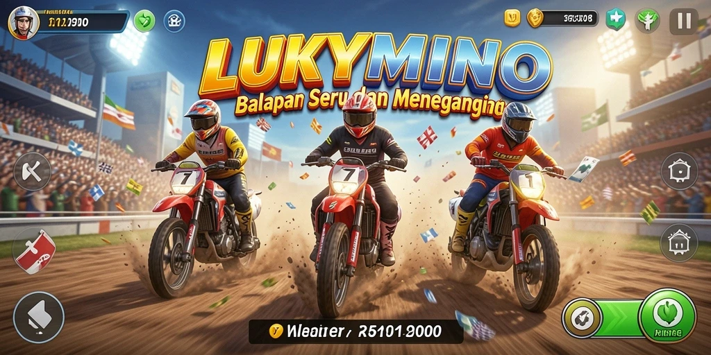 Tangkapan layar LUKYMINO menampilkan aksi balapan yang mendebarkan.