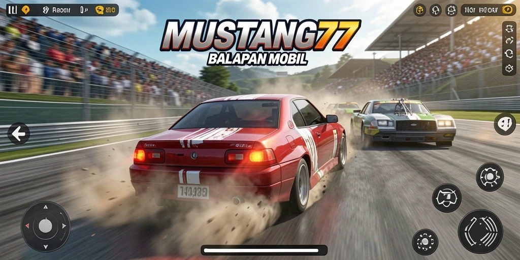 Screenshot gameplay MUSTANG77 menampilkan balapan mobil yang seru dan mendebarkan.