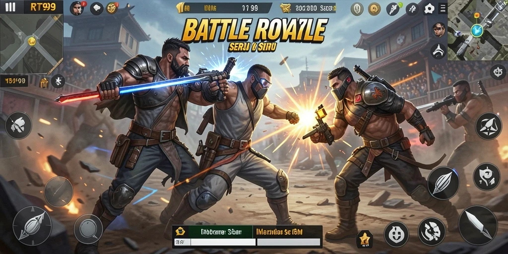 Screenshot utama gameplay RT99 menampilkan aksi Battle Royale yang intens.