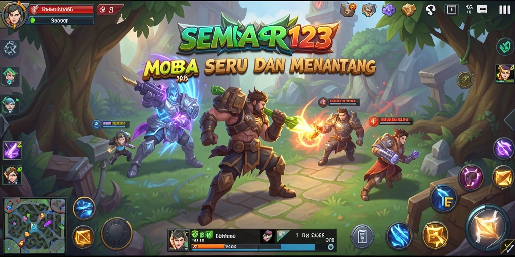 Screenshot gameplay SEMAR123 yang penuh aksi pertarungan MOBA.