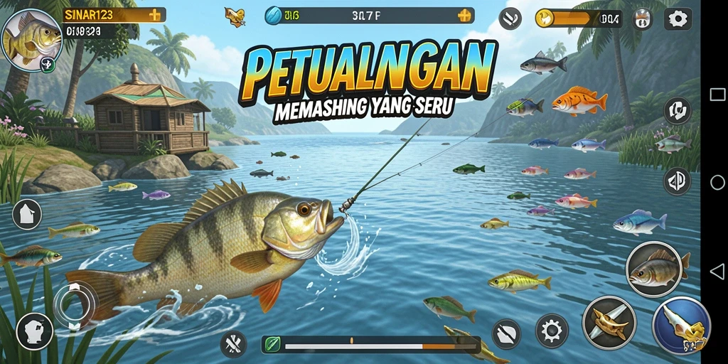 Screenshot gameplay SINAR123 menampilkan keseruan memancing di danau.